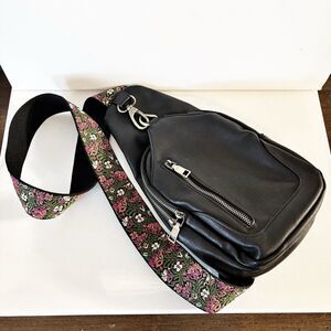 Antik Kraft Crossbody Sling Bag Black  W/Adjustable Floral Guitar Strap